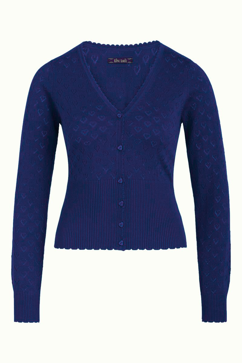 King Louie Cardigan V Heart Ajour Dazzling Blue #farve_dazzling-blue