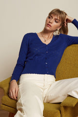 King Louie Cardigan V Heart Ajour Dazzling Blue #farve_dazzling-blue