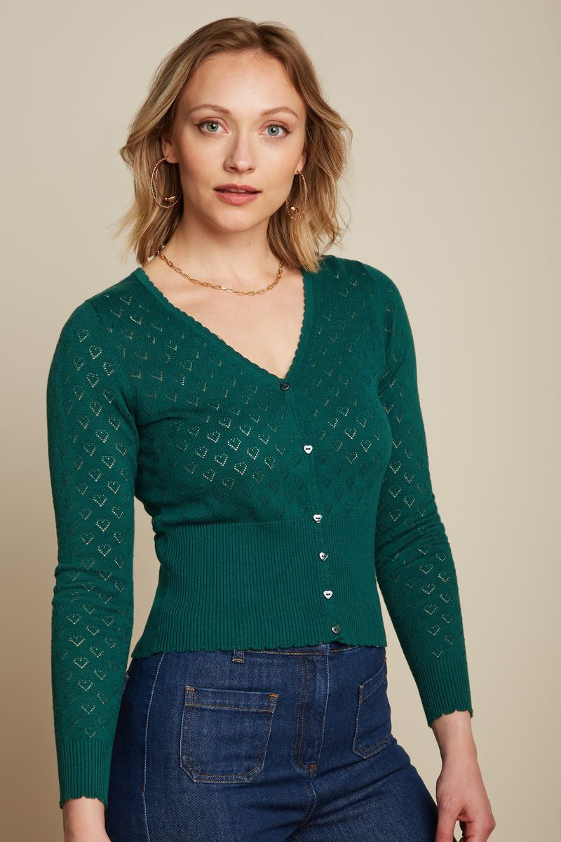 King Louie Cardigan V Heart Ajour Dragonfly Green #farve_dragonfly-green