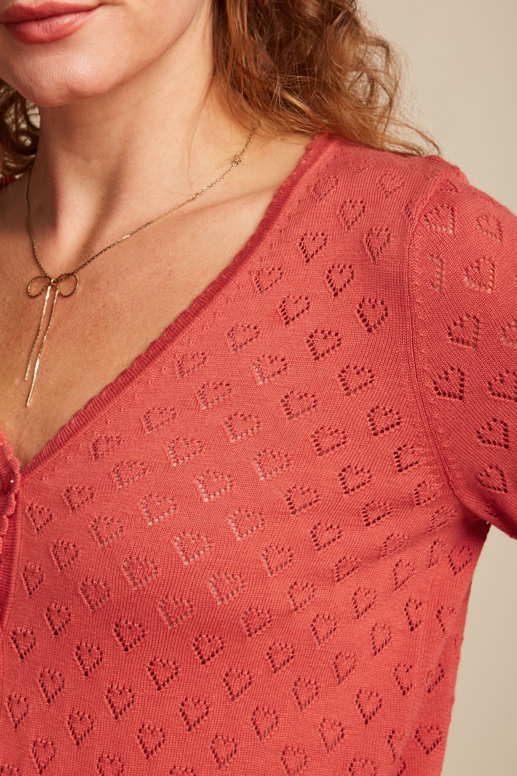 King Louie Cardigan V Heart Ajour Tweed Orange Coral #farve_tweed-orange